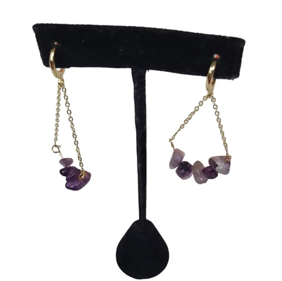 18k Gold Plated Chain Drop Amethyst Huggie Hoop Earring - Picture 2 of 3